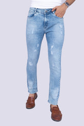 Ice blue light destressed narrow fit jeans